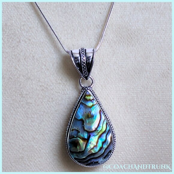 Abalone Tear Drop Handcrafted Detailed Metalwork Pendant Sterling Necklace NWOT - Picture 1 of 6